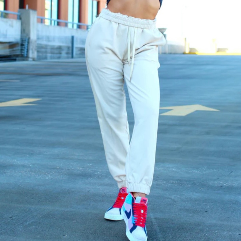 Medium Strut & Bolt Nude/Cream Joggers with Leather Strip on Pant Sides